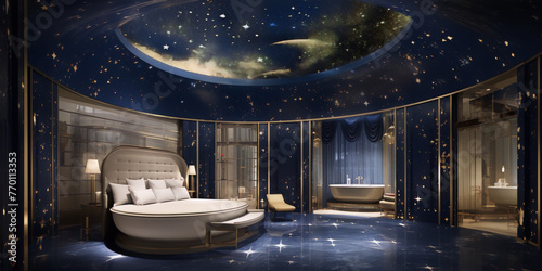 A luxury hotel room with a starry night sky ceiling, featuring a large round bed, marble floors, and a separate bathtub area. photo
