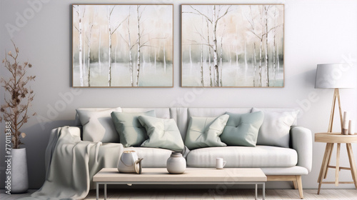 Two watercolor paintings of a misty forest in neutral colors above a white sofa with green throw pillows and blanket in a modern living room with a natural wood coffee table and a tall lamp. photo