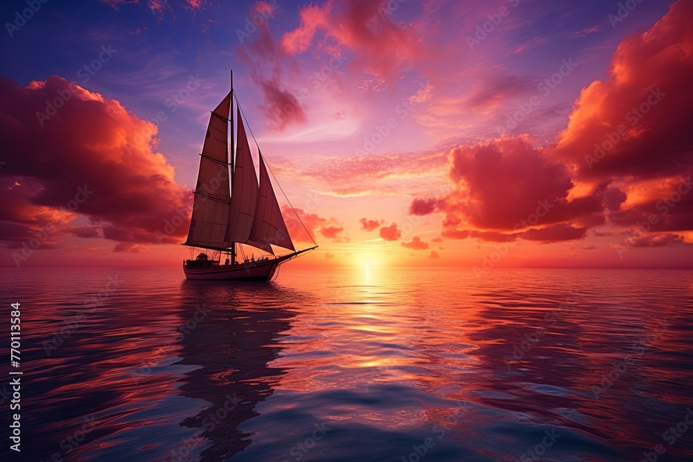 Sailboat Floating in the Ocean at Sunset