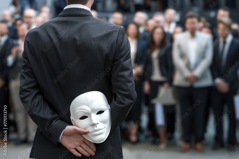 Fototapeta premium Deception unveiled: Businessman holding mask amidst group