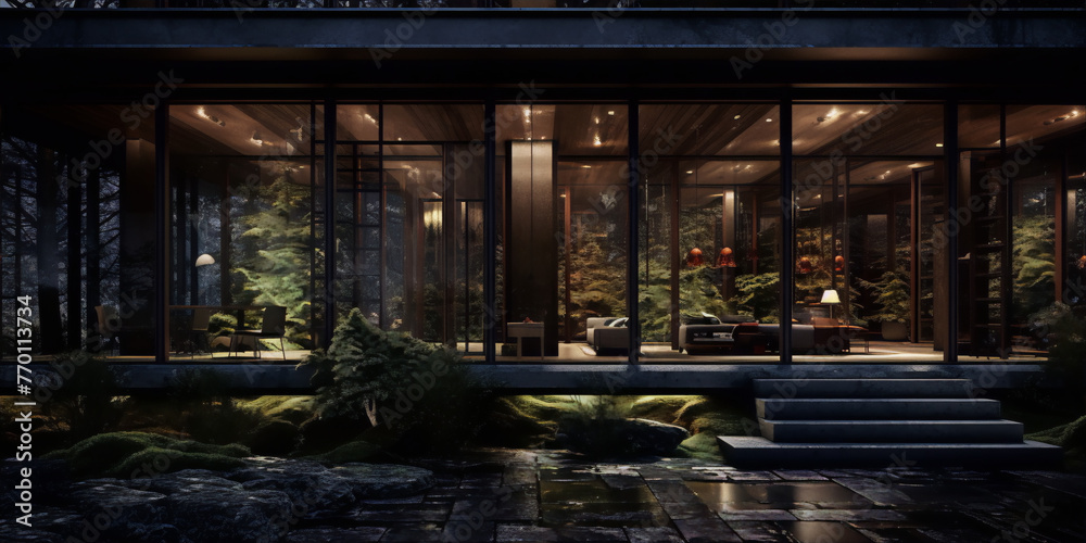 Fototapeta premium Tranquil forest retreat with minimalist home exterior and interior in muted colors and natural materials