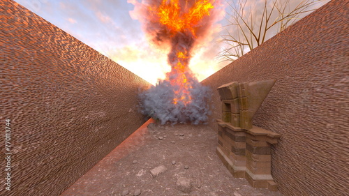 攻撃される石壁の通路 3DCGレンダリング