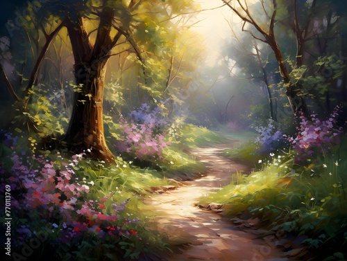 Beautiful fantasy landscape with a path in the forest. Panorama