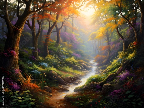 Autumn forest landscape with a small stream and colorful flowers in the foreground