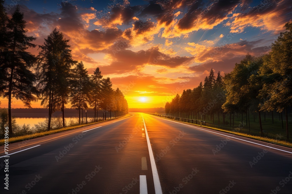 Fototapeta premium The Sun Sets Over a Road With Trees on Both Sides