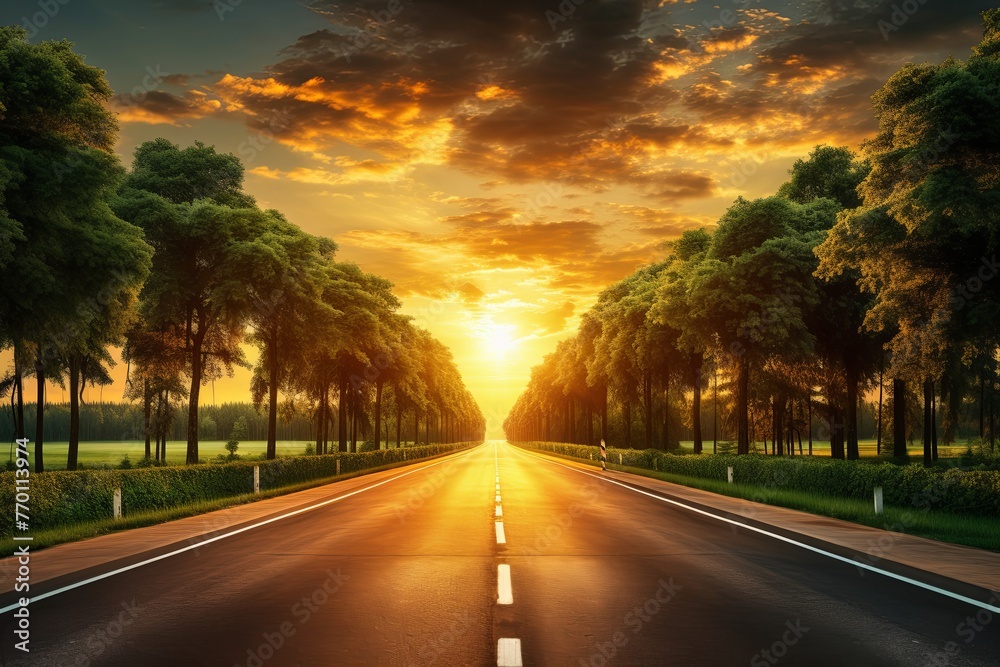 The Sun Is Setting Over a Road With Trees on Both Sides