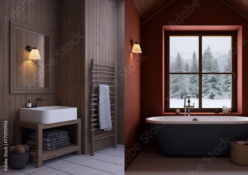 Scandinavian bathroom interior with a wood wall   a red wall   a bathtub and a washbasin   minimalist   3d rendering