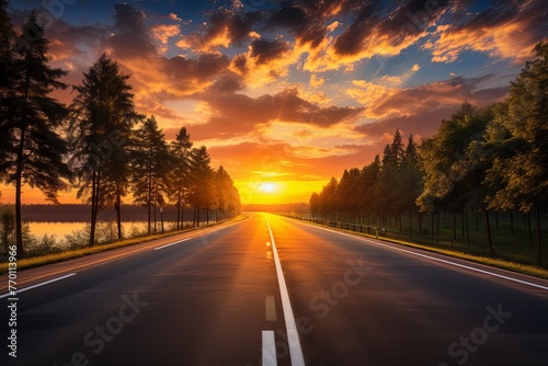 The Sun Sets Over a Road With Trees on Both Sides