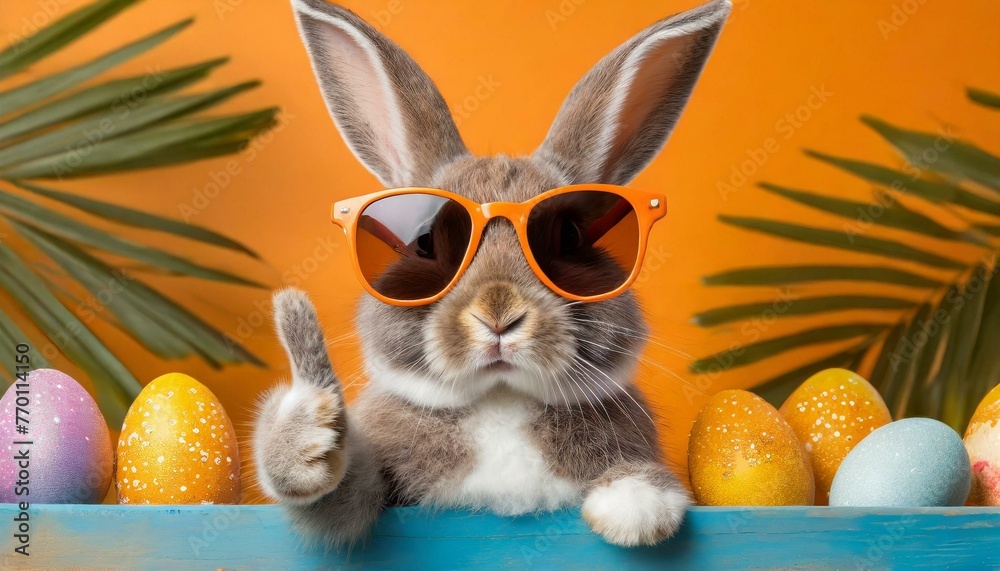 Poster Affiche Funny easter animal pet Easter bunny rabbit with sunglasses giving thumb up 40x22.2 cm