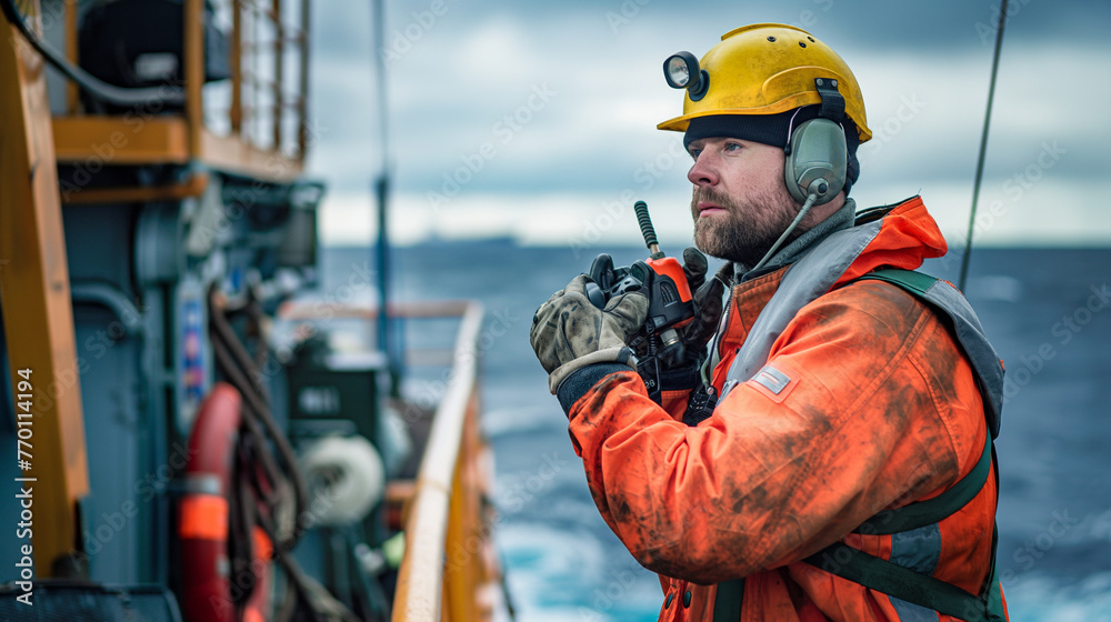 Deck Officer or Chief mate on deck of offshore vessel or ship , wearing PPE personal protective equipment - helmet, coverall. He holds VHF walkie-talkie radio in hands Deck Officer or Chief mate on deck of offshore vessel or ship , wearing PPE personal protective equipment - helmet, coverall. He holds VHF walkie-talkie radio in hands