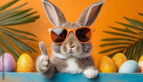 Funny easter animal pet - Easter bunny rabbit with sunglasses, giving thumb up, isolated on orange background 