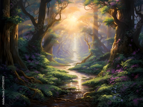 Beautiful fantasy landscape with river and trees in the forest at sunset