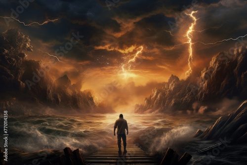 Man Standing on Pier in the Midst of a Storm