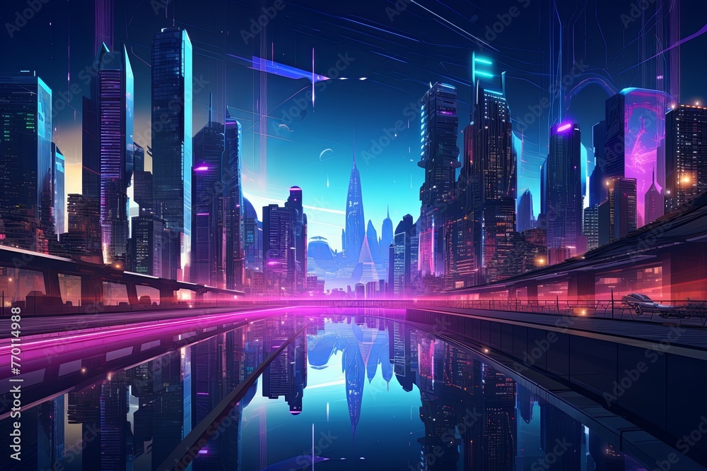 Futuristic City at Night With Reflection in Water Futuristic City at Night With Reflection in Water