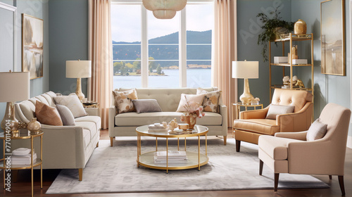Elegant living room with blue walls, cream and gold furniture, and a view of the lake photo