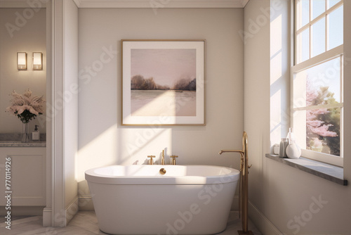 Bathroom interior with a large bathtub  a painting  and a window