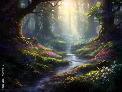 Mysterious forest with stream and spring flowers. Digital painting.