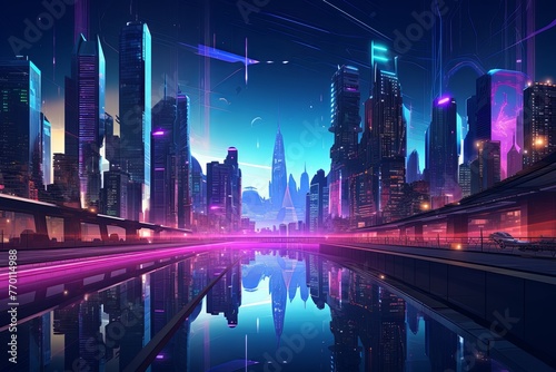 Futuristic City at Night With Reflection in Water