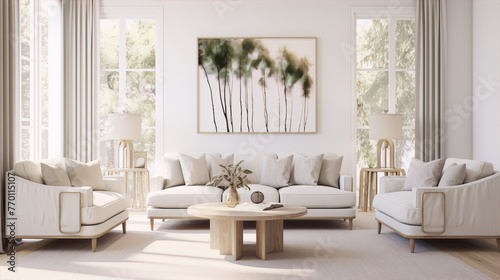 Bright airy living room with white walls and furnishings, natural textures and green accents in a modern minimalist style