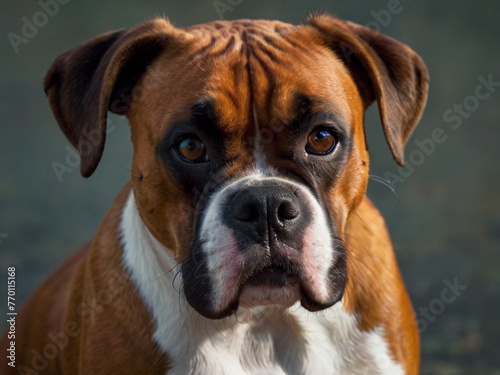 A boxer dog. A thoroughbred dog of brown color.