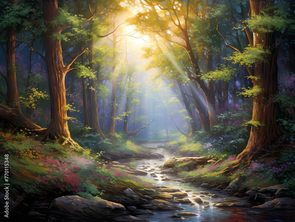 Beautiful forest landscape with a river flowing through the woods. Digital painting