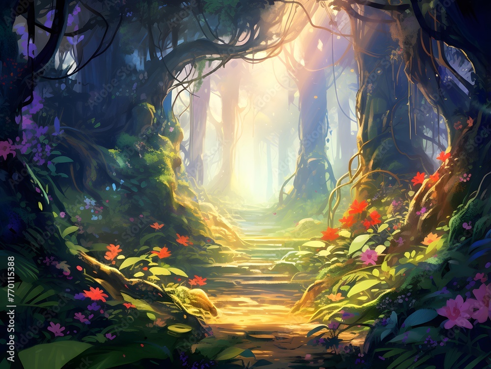 Beautiful fantasy landscape with a path in the forest. Illustration