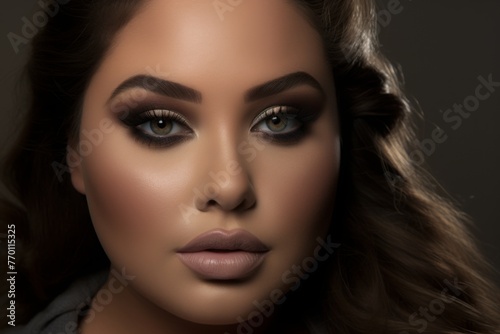 A close-up showcases a plus-size model with beautifully applied makeup, featuring a perfectly contoured complexion, bold eyeliner, and full eyelashes.