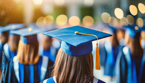 girl in blue and silver graduation cap, blonde and brunette high school gowns, symbolizing academic achievement and diversity photo