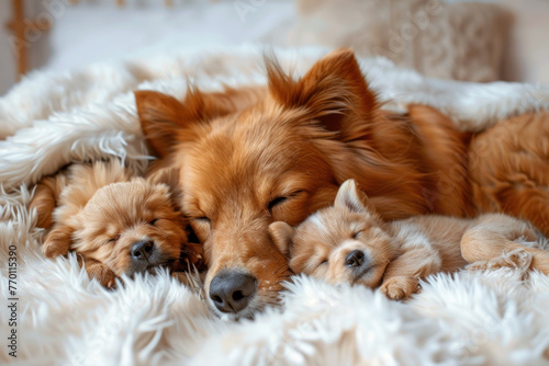 Dogs sleep together on white fluffy bed, animal, love, family concept