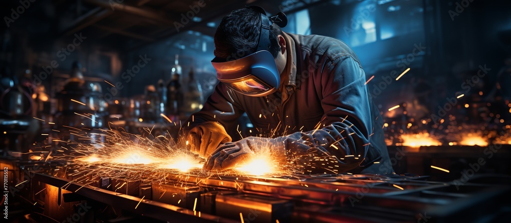 Worker in safety mask welding metal in factory. Metal industry.