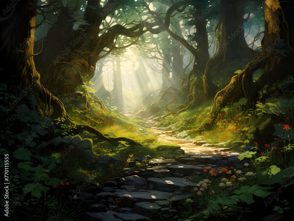 Mystical forest with a path in the middle. 3D rendering