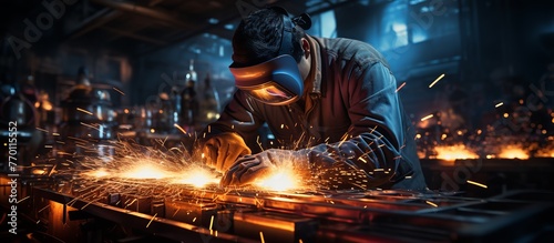 Worker in safety mask welding metal in factory. Metal industry.