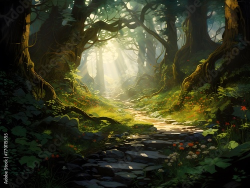 Mystical forest with a path in the middle. 3D rendering