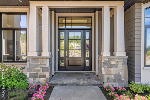 Traditional Glass Panel Black Color Front Door With Sidelights