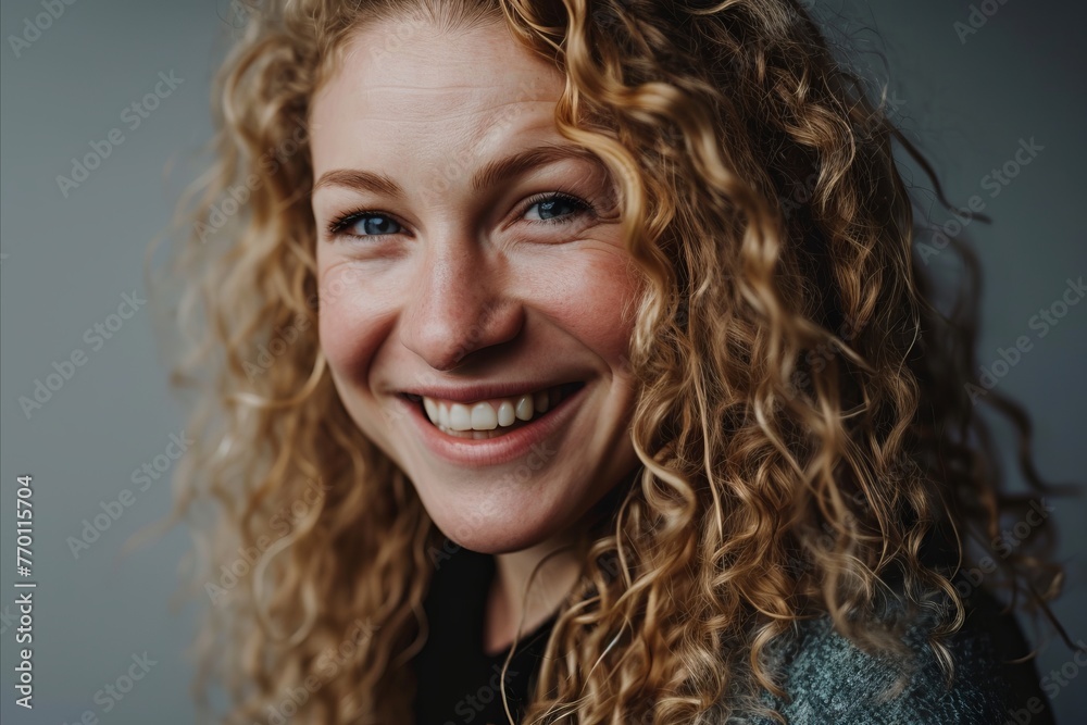 Portrait of a smiling woman with curly hair on a gray background Portrait of a smiling woman with curly hair on a gray background