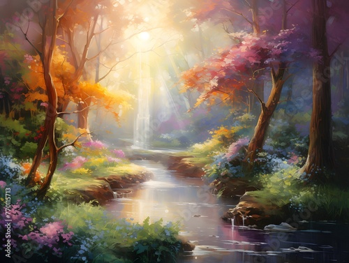 Autumn landscape with colorful forest and river, digital painting, illustration