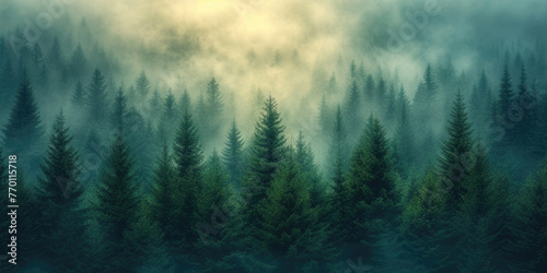 Morning aerial view of a misty fir forest with glowing sun light in a vintage style, capturing a foggy, retro nature landscape at sunrise. A scenic, dreamy dawn background