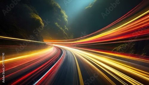 Road light. Curve streak trail line. Fast speed car. Long yellow and red way effect. Glowing street exposure. Blurred motion. Sparkling flow.