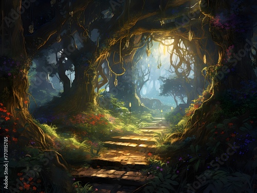 Mystical dark forest with a path leading through it  3D illustration
