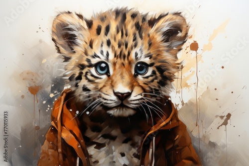 A Painting of a Tiger Cub Wearing a Jacket