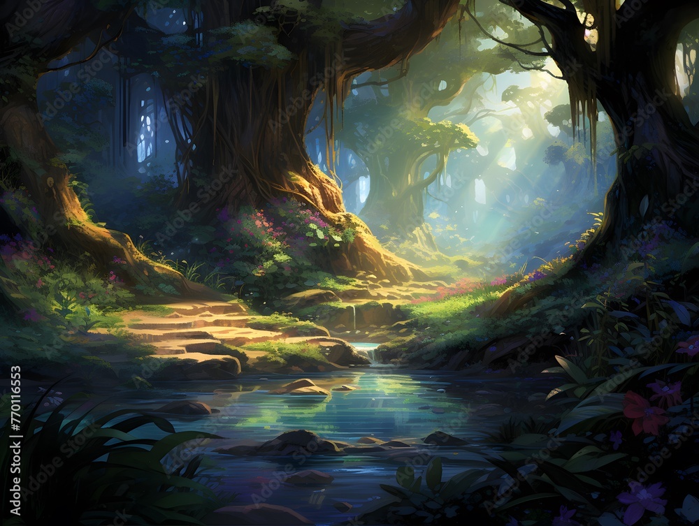 Beautiful fantasy forest with a pond and a tree. Digital painting