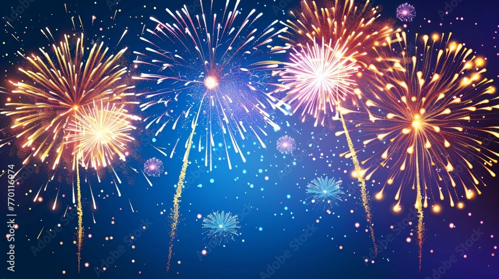 Fototapeta premium Abstract colored festive firework background in the night sky. Firecrackers and sparks isolated on blue background.