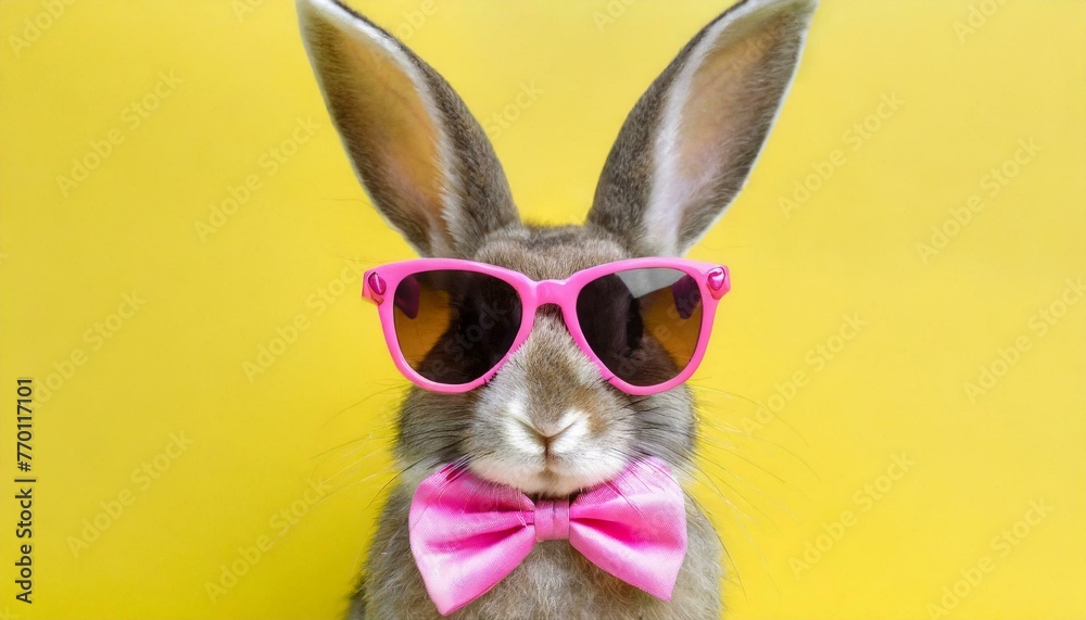Funny easter concept holiday animal celebration greeting card - Cool easter bunny, rabbit with pink sunglasses and bow tie, isolated on yellow background 