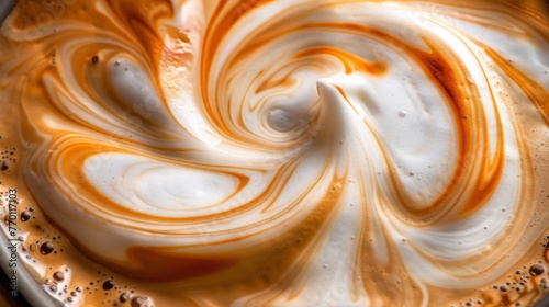 Extreme closeup of coffee latte foam texture crema with lava, latte art swirls,