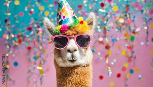 Happy Birthday, carnival, New Year's eve, sylvester or other festive celebration, funny animals card banner - Alpaca with party hat and sunglasses on pink background with confetti.