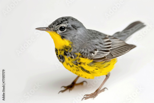 Close-Up of a Vibrant Yellow and Grey Warbler Bird on White Backdrop photo