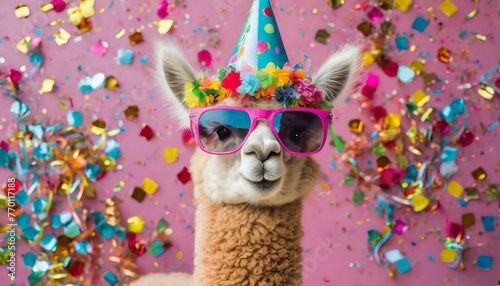 Happy Birthday, carnival, New Year's eve, sylvester or other festive celebration, funny animals card banner - Alpaca with party hat and sunglasses on pink background with confetti. photo