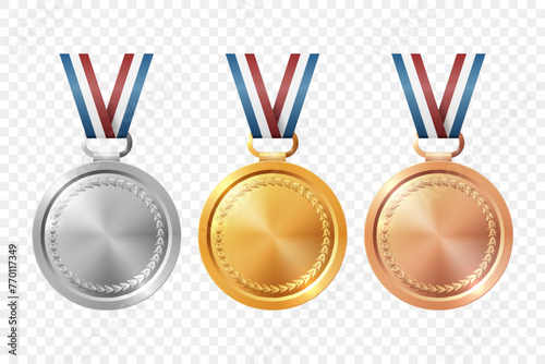 Vector Realistic Blank Golden, Silver, Bronze Award Medal Icon Set, Closeup, Isolated. First, Second, Third Place Prizes. Design Template for Sport Tournament Victory Concept. Front View