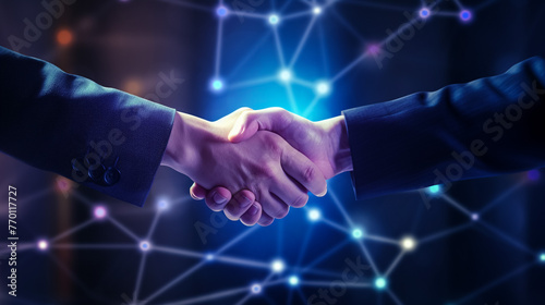 close up hand of young Arabian man in white suit handshake after finishing up meeting with graphic network diagram, partnership, teamwork, technology, connection, financial and investment concept