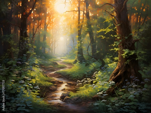Sunlight in the forest. Panoramic view of a path in the forest.